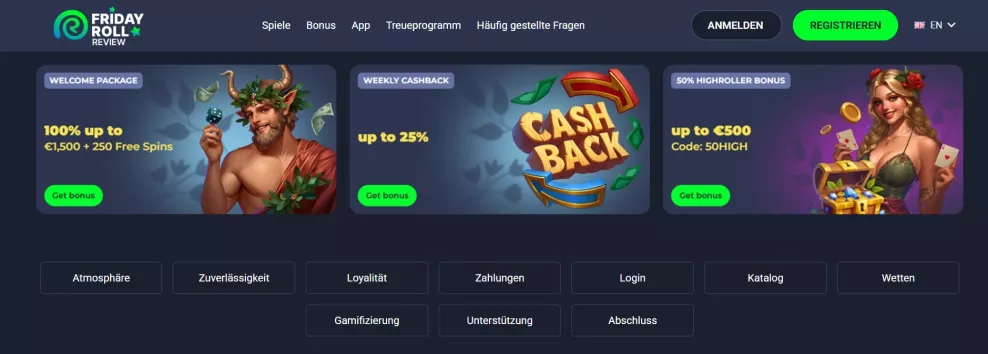 Fridayroll Casino Bonus 1500 Euro und 150 Freispiele